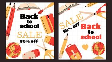 Back to school sale graphic template with design. Colourful banner with different red and yellow elements. Marketing promotion. vector