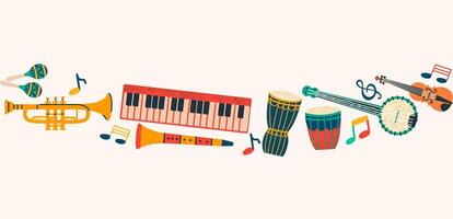 Set of musical instruments. Musical composition with synthesizer, violin, drum, trumpet, notes. vector