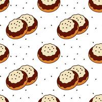 Pattern of cookies with chocolate and white icing, sprinkled with sesame seeds, on white background. vector
