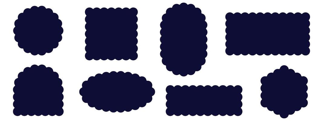 Set of rectangular, round, oval and square scalloped frames. Zig zag Wavy Edge. Abstract elements for tag, stickers. illustrations set isolated on white background.