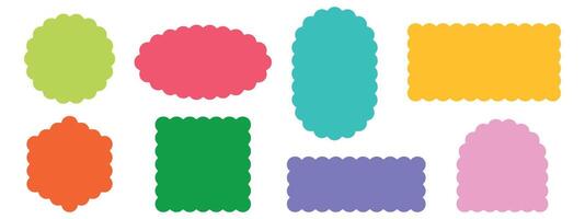 Set of rectangular, round, oval and square color scalloped frames. Zig zag Wavy Edge. Abstract elements for tag, stickers. illustrations set isolated on white background. vector