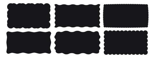 Set of rectangular frames with jagged wavy scalloped and zigzag edges. Rectangle jagged curved box element. Black shapes isolated on white background. Hand drawn illustration vector
