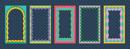 A set of colourful frames with scalloped and wave edge. Trendy modern template for social networks. illustration on black background. vector