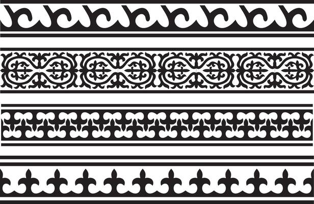 set of black monochrome seamless Kazakh national ornament. Ethnic endless pattern of the peoples of the Great Steppe, Mongols, Kyrgyz, Kalmyks, Buryats. frame border.