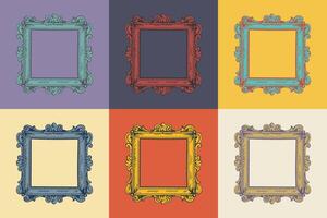 Set of retro square frame engraving ornament isolated on colorful background. Sketch hand drawn illustration. vector