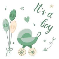 Hand drawn greeting card for the birth of a Boy. invitation card template for baby gender reveal party. Color illustration with balloons and a baby stroller for newborns on a white background. vector