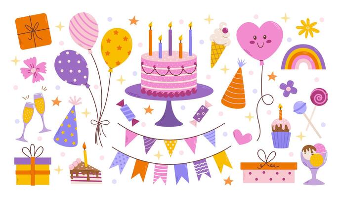 Birthday decorative elements set. Different party objects, colorful holiday items, gift, cake, ballon and garlands, flat illustration