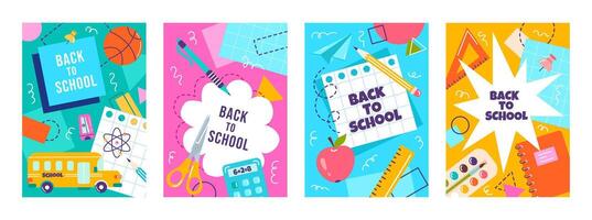 Posters set in trendy style with geometric shapes, design elements on school themes. Back to school, education concept vector