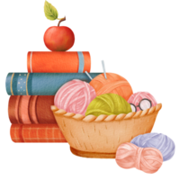 A watercolor illustration. a stack of books with an apple, several yarn skeins with knitting needles, and glasses in a woven basket. for educational materials, crafting tutorials, or lifestyle blogs png