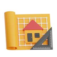 3D Render Blue Print and Triangle Ruler Icon Illustration. Isolated on Transparent background png