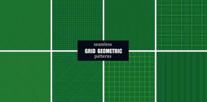 Collection of seamless geometric digital patterns. Grid squared and striped textures. Green bright minimalistic network technology backgrounds vector