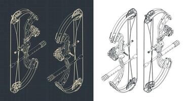 Compound hunting bow isometric blueprints vector