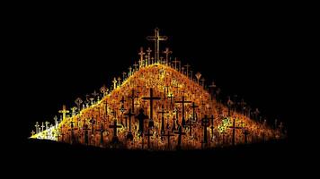 Neon frame effect Hill of Crosses in Lithuania, glow, black background. video