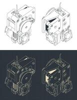 3d printer extruder isometric blueprints vector