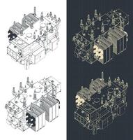 Distribution transformer isometric blueprints vector