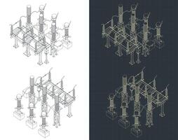 Transformer and divide voltage isometric blueprints vector