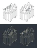 Power three-phase transformer isometric blueprints vector