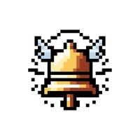 Pixel bell icon with wings. Illustration of a golden bell. 8 bit bell. Arcade game symbol, web icon. vector