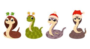 Set of illustrations of snakes in flat style on a white background. Symbol of 2025. Chinese New Year 2025. Cartoon snakes wearing Christmas hats. vector