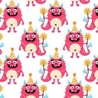 Funny pink monster with sparkler in flat style on a white background. Kids cartoon character. Birthday background. Pattern for textile, wrapping paper, background. vector