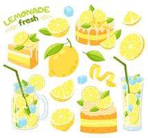 Set of illustrations of fresh lemon, lemon desserts and lemon drinks in flat style. Flat cartoon design for postcards and stickers, birthday party invitation. vector