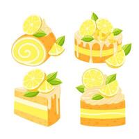 Set of sweet lemon cakes on white background. Lemon cake, bento cake. Citrus dessert. Flat cartoon design for postcards and stickers. vector