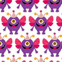 Funny monster with butterfly wings in flat style on a white background. Kids cartoon character. Birthday background. Pattern for textile, wrapping paper, background. vector