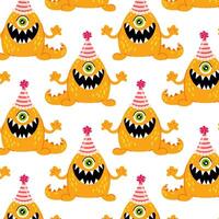 Pattern for textile, wrapping paper, background. Funny zubat orange monster in flat style on a white background. Kids cartoon character. Birthday background. vector