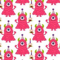 Fluffy pink monster with cake in flat style on a white background. Birthday pattern. Festive kids cartoon monster character. Pattern for textile, wrapping paper, background. vector