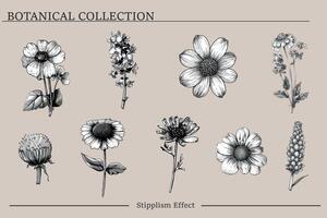 Set flowers with photocopy stipple effect elements. Y2K elements collection with grunge noise texture for poster design, covers, T-shirts, web design, collages. vector