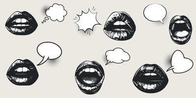 Set of speech bubbles, lips and mouth in the style of retro photocopies stipple effect, for grunge punk y2k collage design. Elements in vintage halftone brutalist design for banner or poster vector