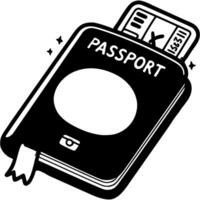 Foreign passport and plane tickets in monochrome. Document for purchasing air tickets. Simple minimalistic in black ink drawing on white background vector