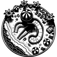 Children summer holiday destination in monochrome. Water park with slides and attractions. Simple minimalistic in black ink drawing on white background vector