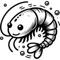 Small crustacean shrimp with long whiskers and legs in monochrome. Deep sea creatures. Simple minimalistic in black ink drawing on white background vector