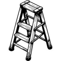Wooden construction ladder in monochrome. Old rickety ladder. Simple minimalistic in black ink drawing on white background vector
