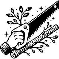 Hand saw for cutting tree branches in monochrome. Gardener hand sawing branch with hacksaw. Simple minimalistic in black ink drawing on white background vector