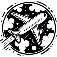 Passenger plane flies against backdrop of planet Earth in monochrome. Travel and air flight. Simple minimalistic in black ink drawing on white background vector