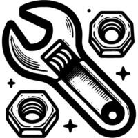 Wrench and threaded nuts in monochrome. Plumbing service implement. Simple minimalistic in black ink drawing on white background vector