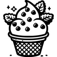 Waffle basket of delicate soft ice cream decorated with chocolate balls in monochrome. Icecream frozen dessert. Simple minimalistic in black ink drawing on white background vector