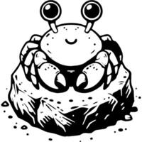 Good natured sea crab sitting on stone in monochrome. Inhabitants of deep sea. Simple minimalistic in black ink drawing on white background vector