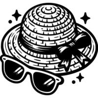 Women straw hat decorated with bow and sunglasses in monochrome. Summer beach headdress. Simple minimalistic in black ink drawing on white background vector