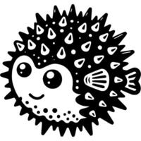 Cheerful puffer fish character in monochrome. Study of marine life. Simple minimalistic in black ink drawing on white background vector