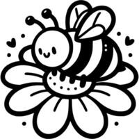 Cheerful bee sat on chamomile flower in search of nectar in monochrome. Summer insects. Simple minimalistic in black ink drawing on white background vector
