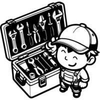 Young repairman boy is holding toolbox and smiling in monochrome. Handyman worker. Simple minimalistic in black ink drawing on white background vector