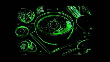 Neon frame effect saltibarsciai, a traditional Lithuanian cold beet soup , glow, black background. video