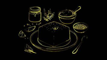 Neon frame effect kugelis, a traditional Lithuanian potato pudding, glow, black background. video