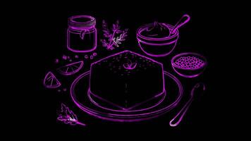 Neon frame effect kugelis, a traditional Lithuanian potato pudding, glow, black background. video