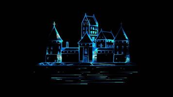 Neon frame effect Trakai Island Castle Lithuanian , glow, black background. video