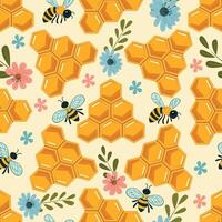 Seamless pattern with honeycombs, bees and flowers vector