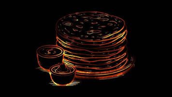 Neon frame effect Roti Canai, a Malaysian flaky flatbread, glow, black background. video